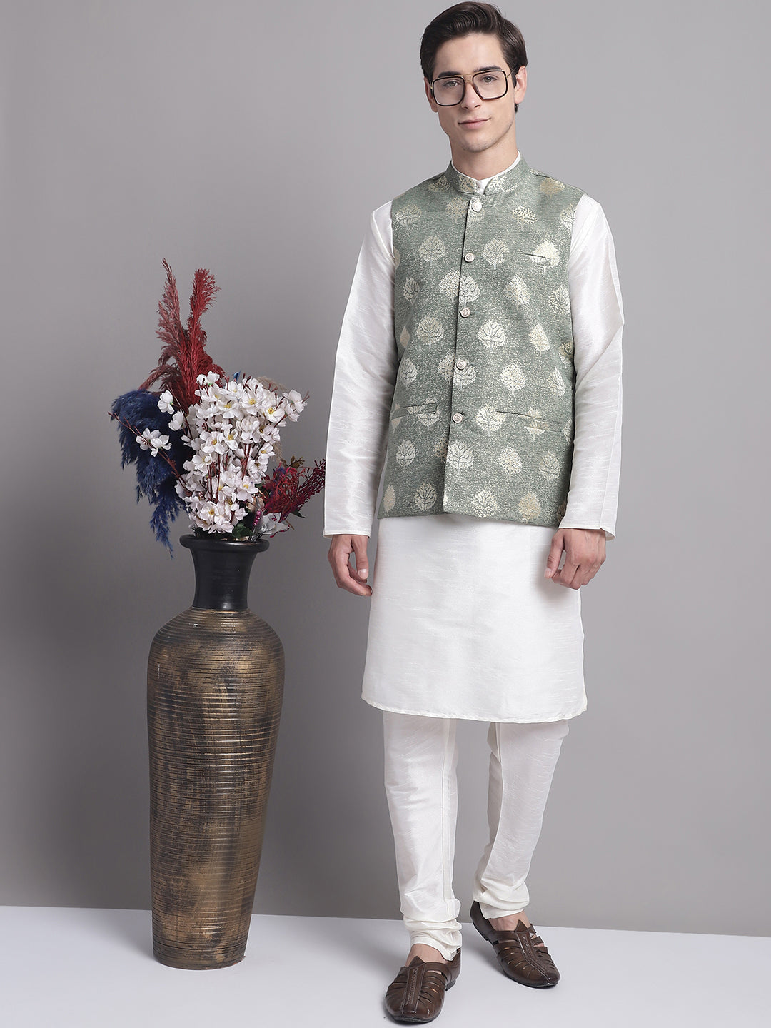Jompers Men's Green Printed Nehru Jacket With Solid Kurta Pyjama - Distacart