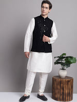 Thumbnail for Jompers Men's Black Sequins and Embroidred Nehru Jacket With Solid Kurta Pyjama - Distacart