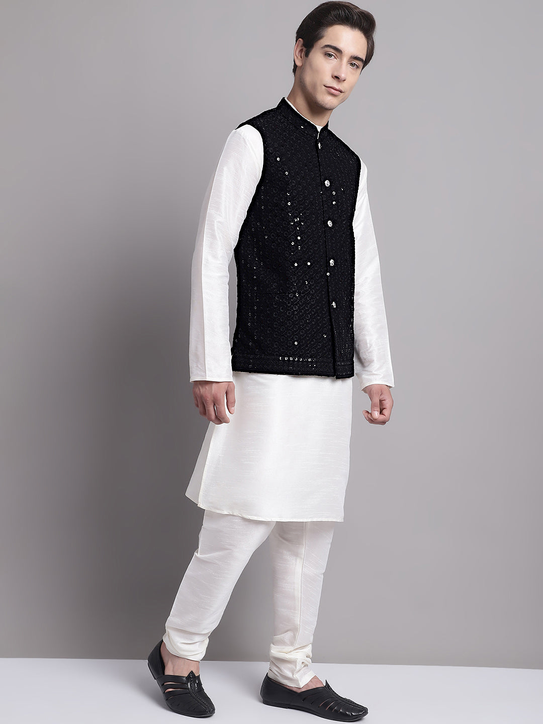 Jompers Men's Black Sequins and Embroidred Nehru Jacket With Solid Kurta Pyjama - Distacart