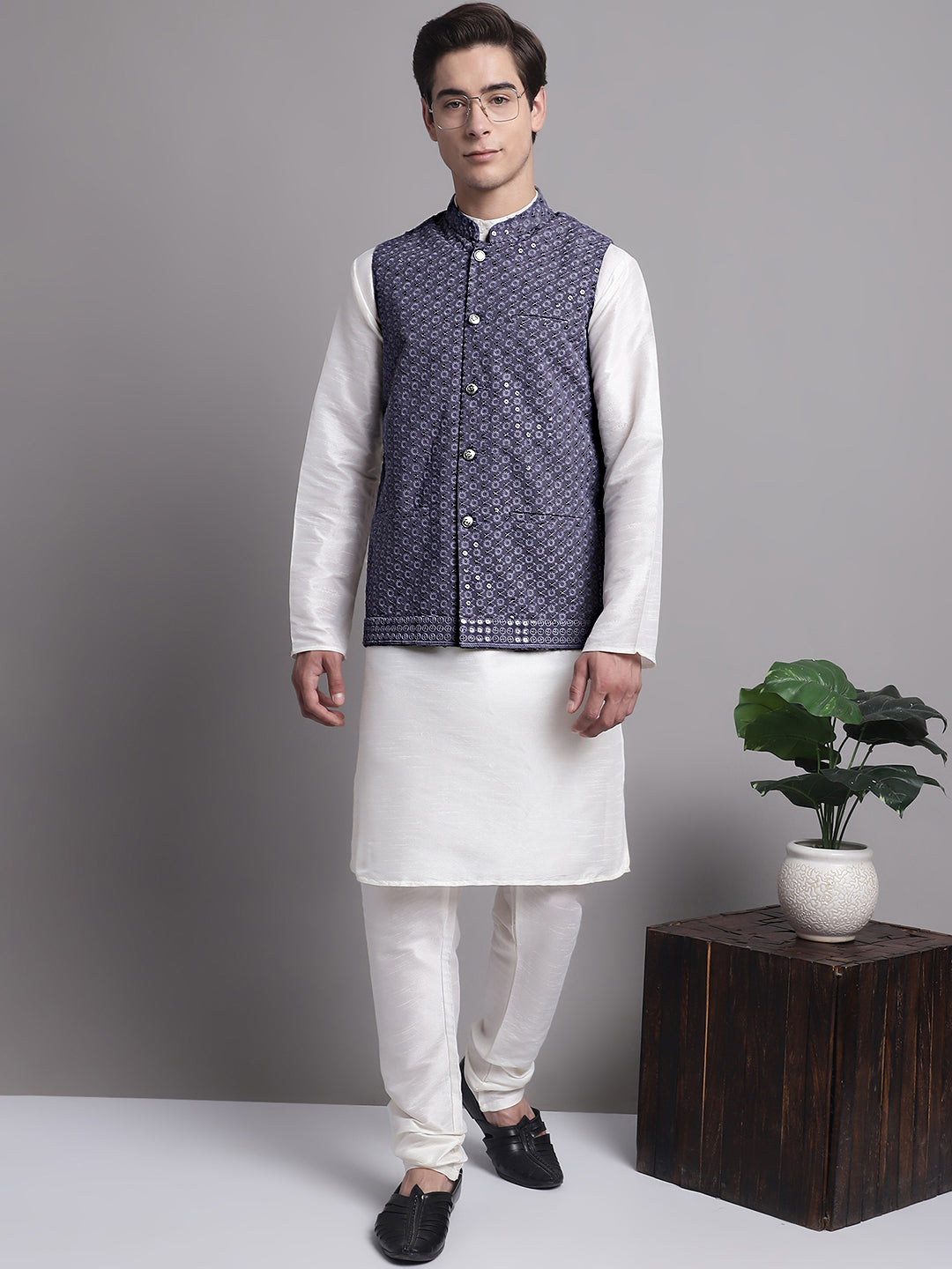 Jompers Men's Grey Sequins and Embroidred Nehru Jacket With Solid Kurta Pyjama - Distacart