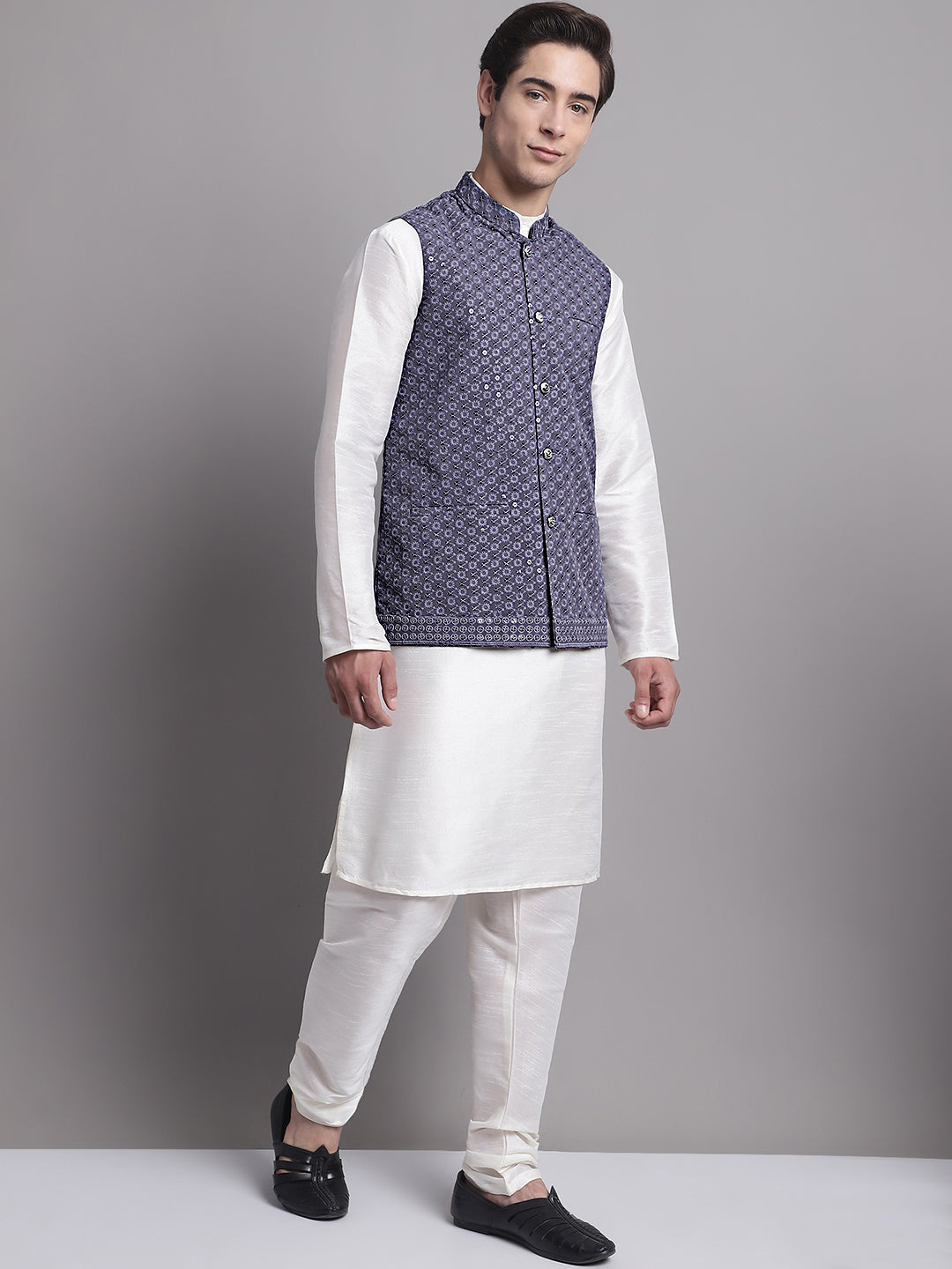 Jompers Men's Grey Sequins and Embroidred Nehru Jacket With Solid Kurta Pyjama - Distacart