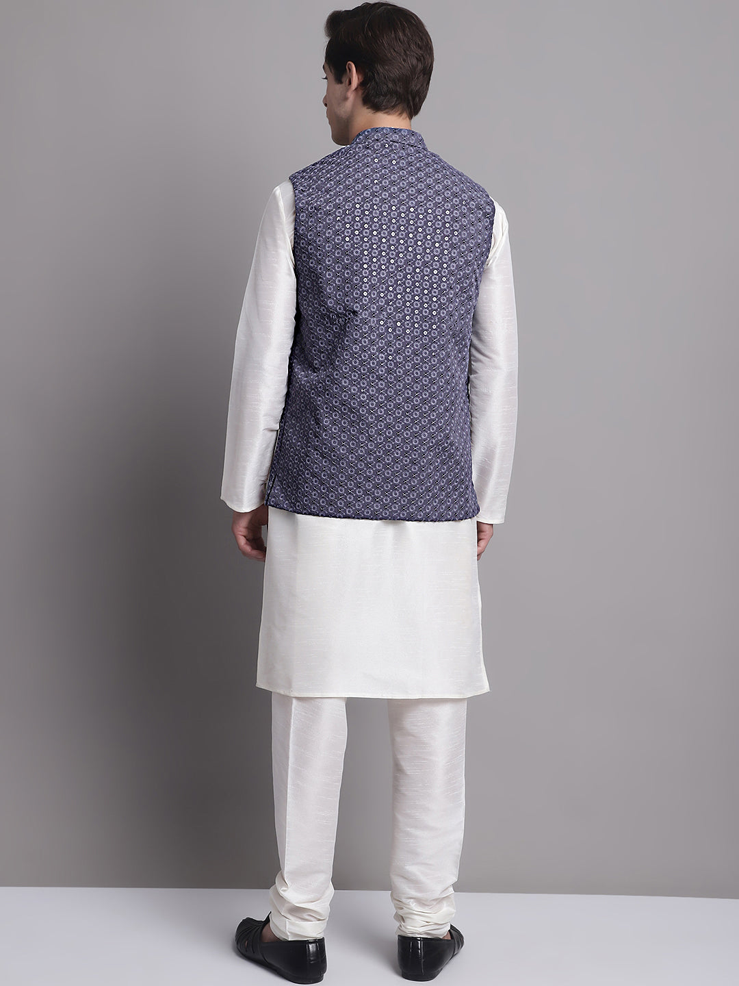 Jompers Men's Grey Sequins and Embroidred Nehru Jacket With Solid Kurta Pyjama - Distacart