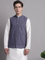 Thumbnail for Jompers Men's Grey Sequins and Embroidred Nehru Jacket With Solid Kurta Pyjama - Distacart