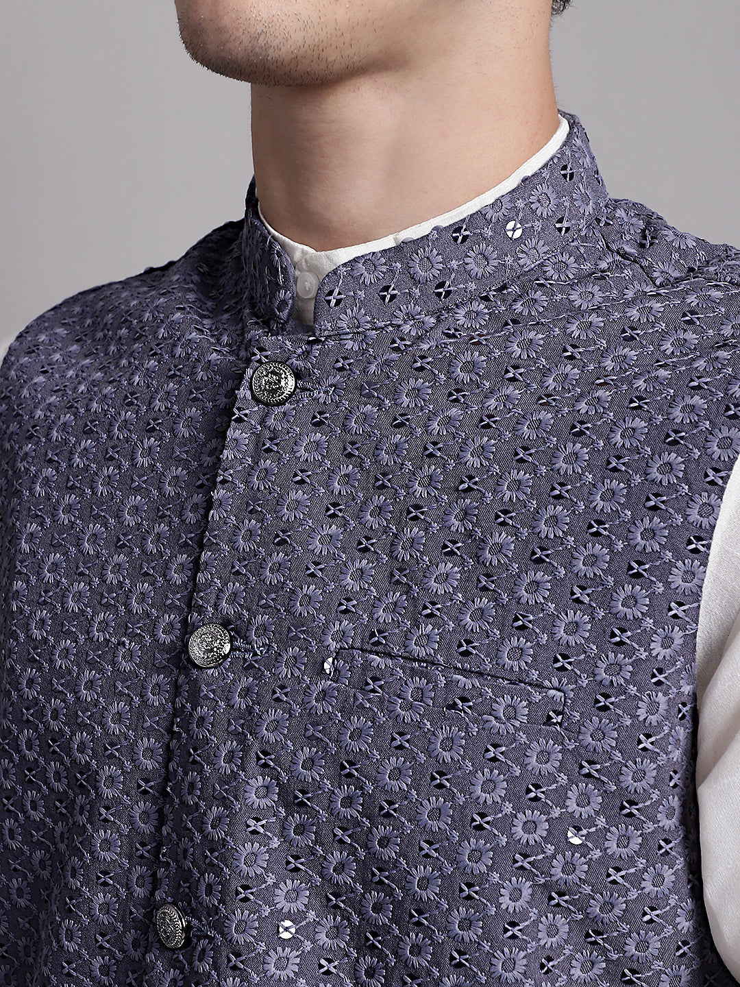 Jompers Men's Grey Sequins and Embroidred Nehru Jacket With Solid Kurta Pyjama - Distacart