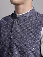 Thumbnail for Jompers Men's Grey Sequins and Embroidred Nehru Jacket With Solid Kurta Pyjama - Distacart