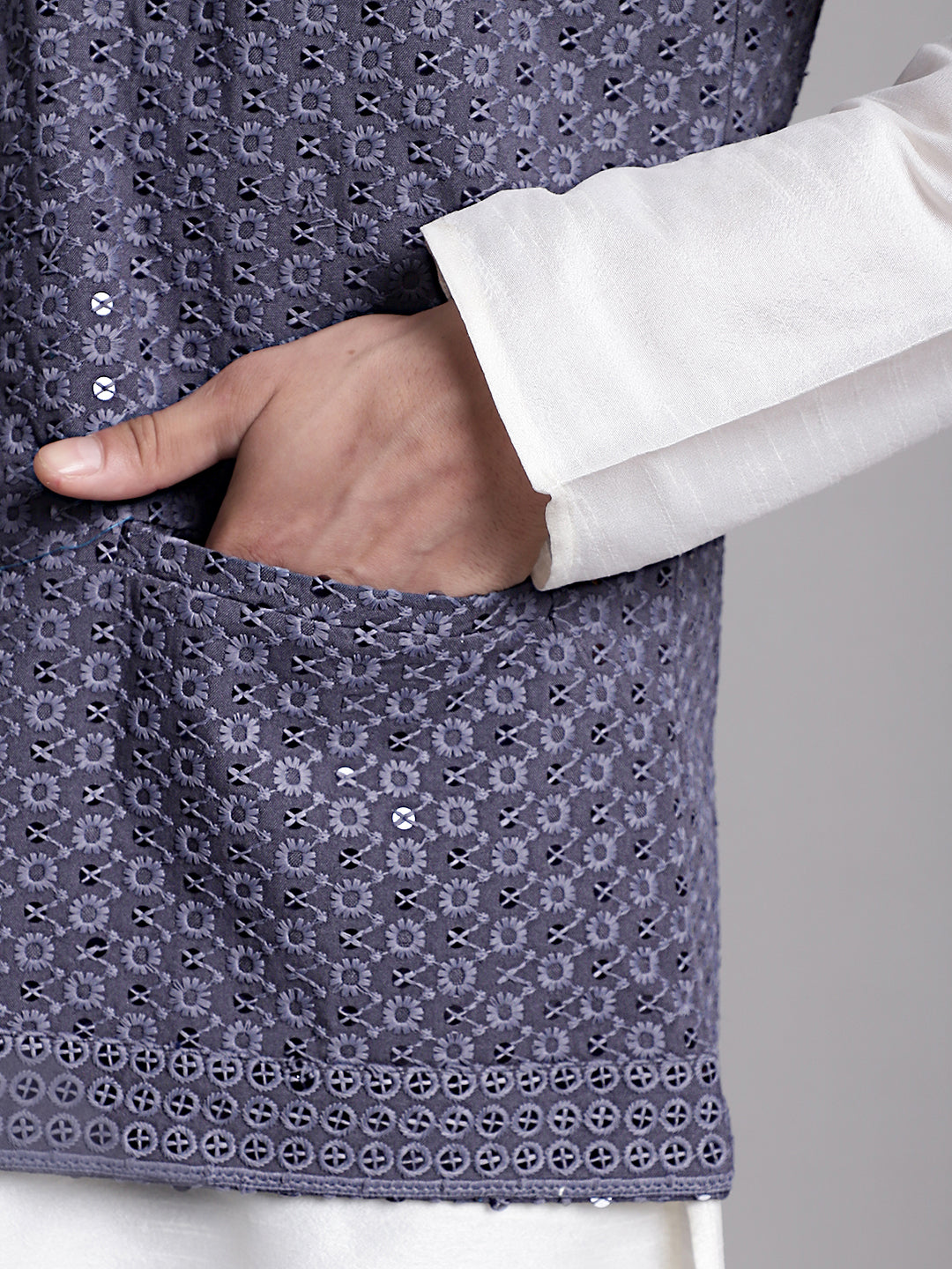 Jompers Men's Grey Sequins and Embroidred Nehru Jacket With Solid Kurta Pyjama - Distacart