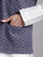 Thumbnail for Jompers Men's Grey Sequins and Embroidred Nehru Jacket With Solid Kurta Pyjama - Distacart