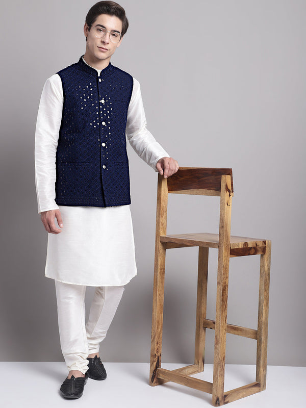 Jompers Men's Navy Blue Sequins and Embroidred Nehru Jacket With Solid Kurta Pyjama - Distacart