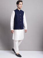 Thumbnail for Jompers Men's Navy Blue Sequins and Embroidred Nehru Jacket With Solid Kurta Pyjama - Distacart