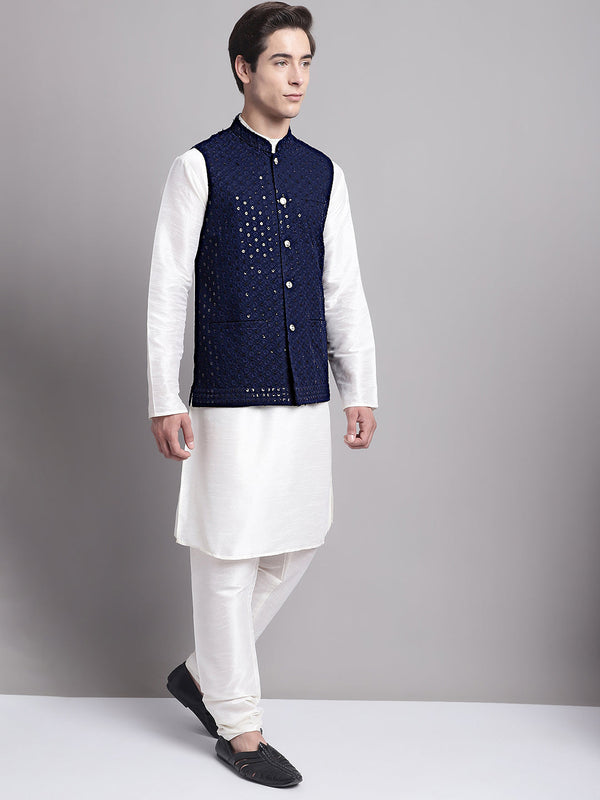 Jompers Men's Navy Blue Sequins and Embroidred Nehru Jacket With Solid Kurta Pyjama - Distacart