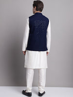 Thumbnail for Jompers Men's Navy Blue Sequins and Embroidred Nehru Jacket With Solid Kurta Pyjama - Distacart
