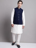 Thumbnail for Jompers Men's Navy Blue Sequins and Embroidred Nehru Jacket With Solid Kurta Pyjama - Distacart
