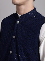 Thumbnail for Jompers Men's Navy Blue Sequins and Embroidred Nehru Jacket With Solid Kurta Pyjama - Distacart