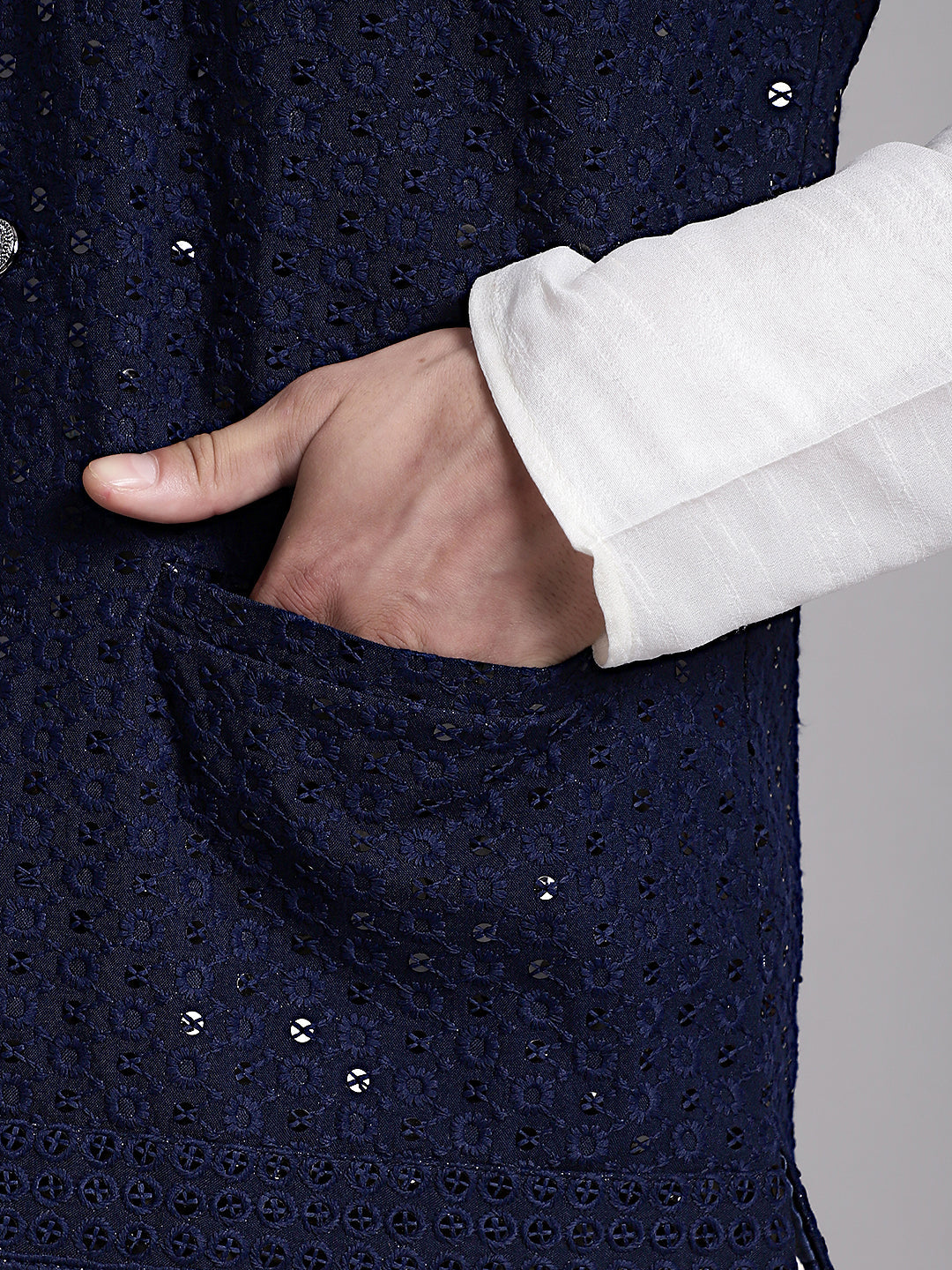 Jompers Men's Navy Blue Sequins and Embroidred Nehru Jacket With Solid Kurta Pyjama - Distacart