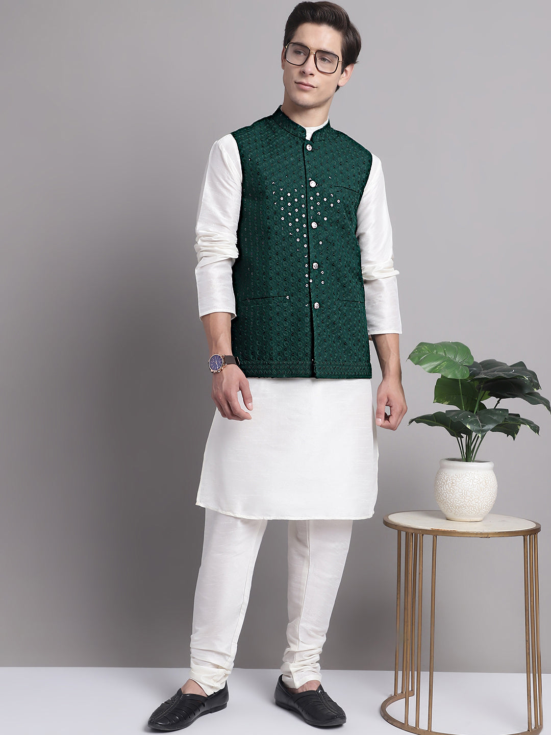 Jompers Men's Olive Green Sequins and Embroidred Nehru Jacket With Solid Kurta Pyjama - Distacart