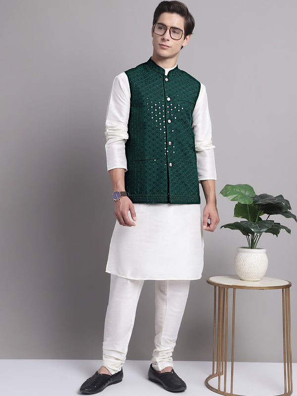 Jompers Men's Olive Green Sequins and Embroidred Nehru Jacket With Solid Kurta Pyjama - Distacart