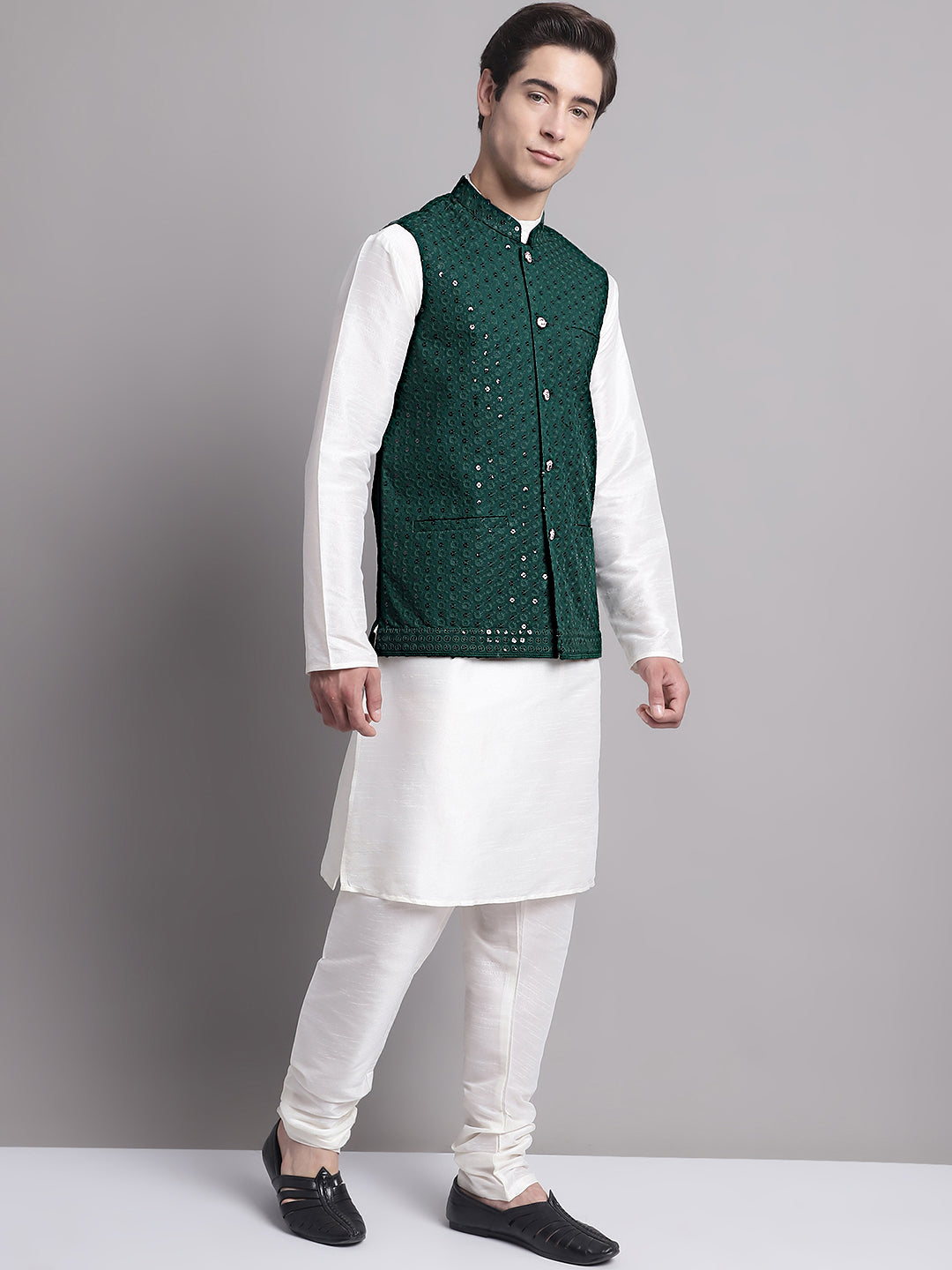 Jompers Men's Olive Green Sequins and Embroidred Nehru Jacket With Solid Kurta Pyjama - Distacart