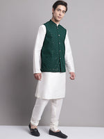 Thumbnail for Jompers Men's Olive Green Sequins and Embroidred Nehru Jacket With Solid Kurta Pyjama - Distacart