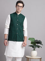 Thumbnail for Jompers Men's Olive Green Sequins and Embroidred Nehru Jacket With Solid Kurta Pyjama - Distacart