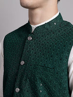 Thumbnail for Jompers Men's Olive Green Sequins and Embroidred Nehru Jacket With Solid Kurta Pyjama - Distacart