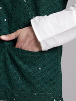 Thumbnail for Jompers Men's Olive Green Sequins and Embroidred Nehru Jacket With Solid Kurta Pyjama - Distacart