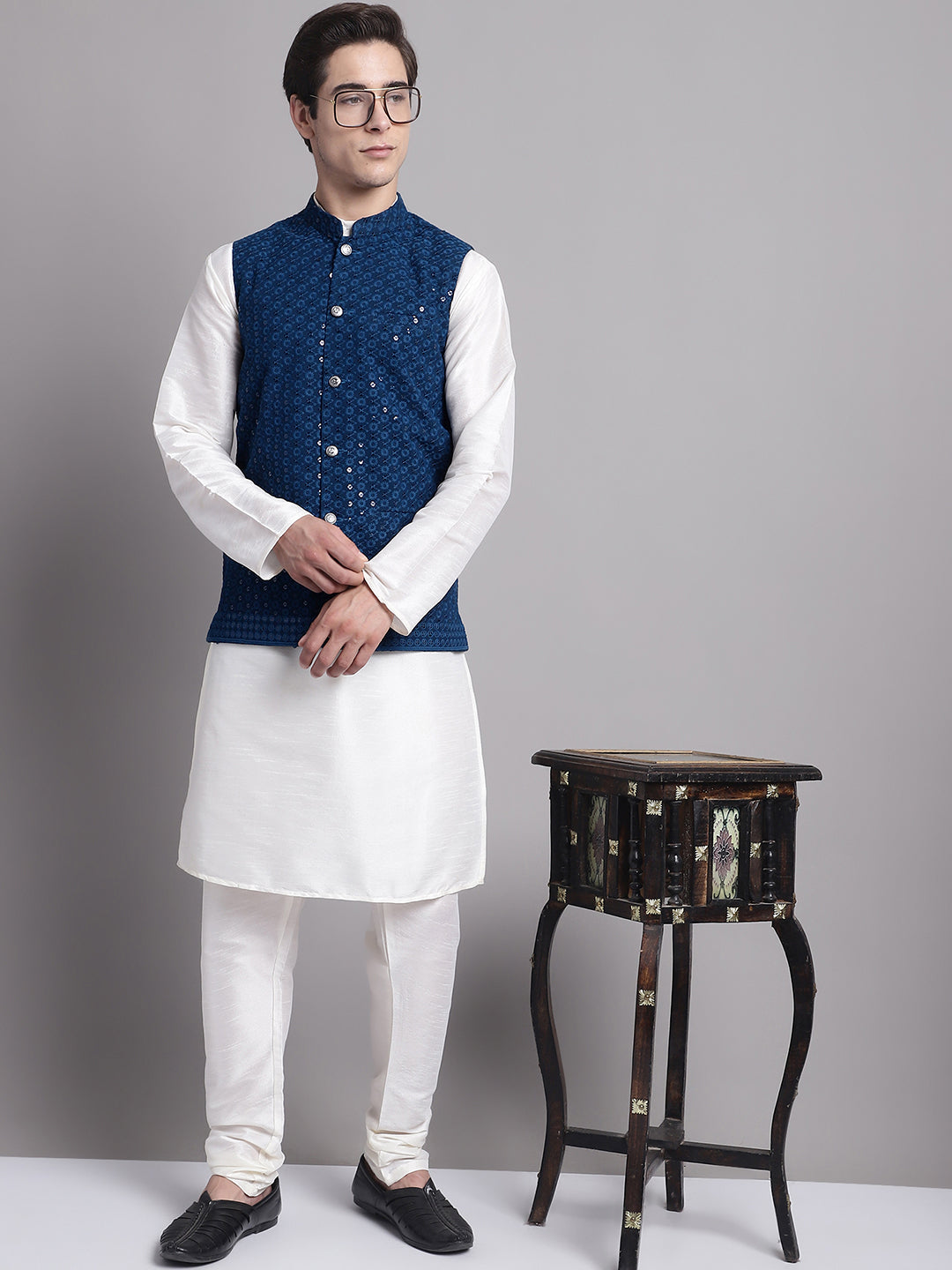 Jompers Men's Peacock Blue Sequins and Embroidred Nehru Jacket With Solid Kurta Pyjama - Distacart