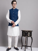 Thumbnail for Jompers Men's Peacock Blue Sequins and Embroidred Nehru Jacket With Solid Kurta Pyjama - Distacart