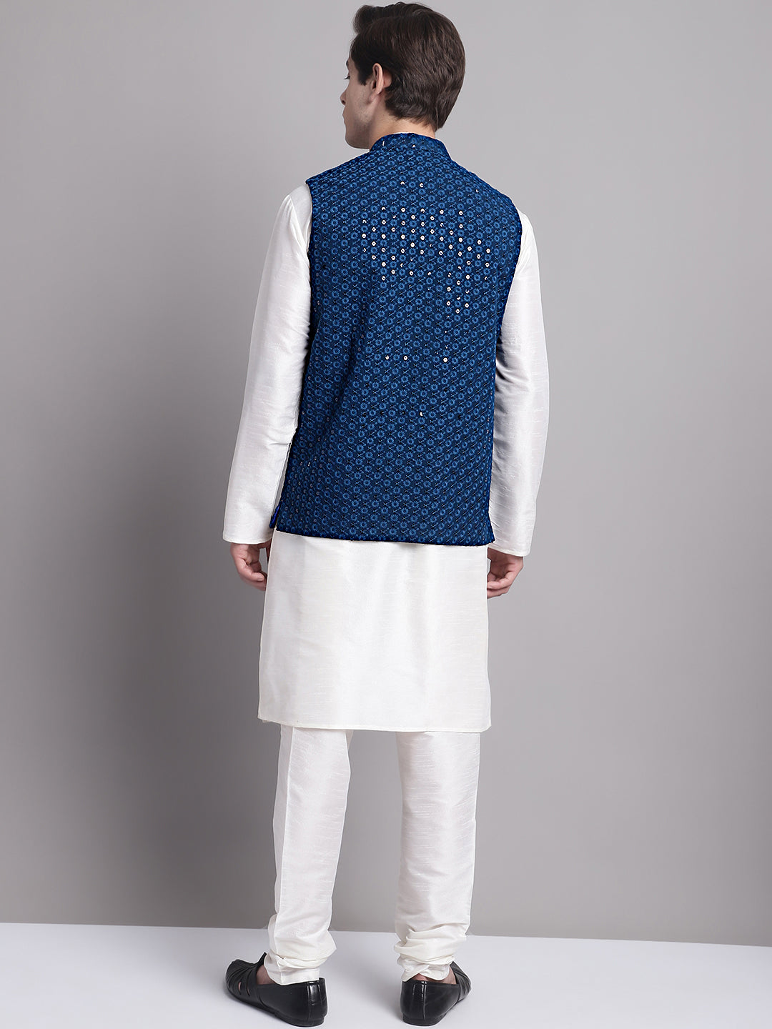 Jompers Men's Peacock Blue Sequins and Embroidred Nehru Jacket With Solid Kurta Pyjama - Distacart