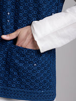 Thumbnail for Jompers Men's Peacock Blue Sequins and Embroidred Nehru Jacket With Solid Kurta Pyjama - Distacart