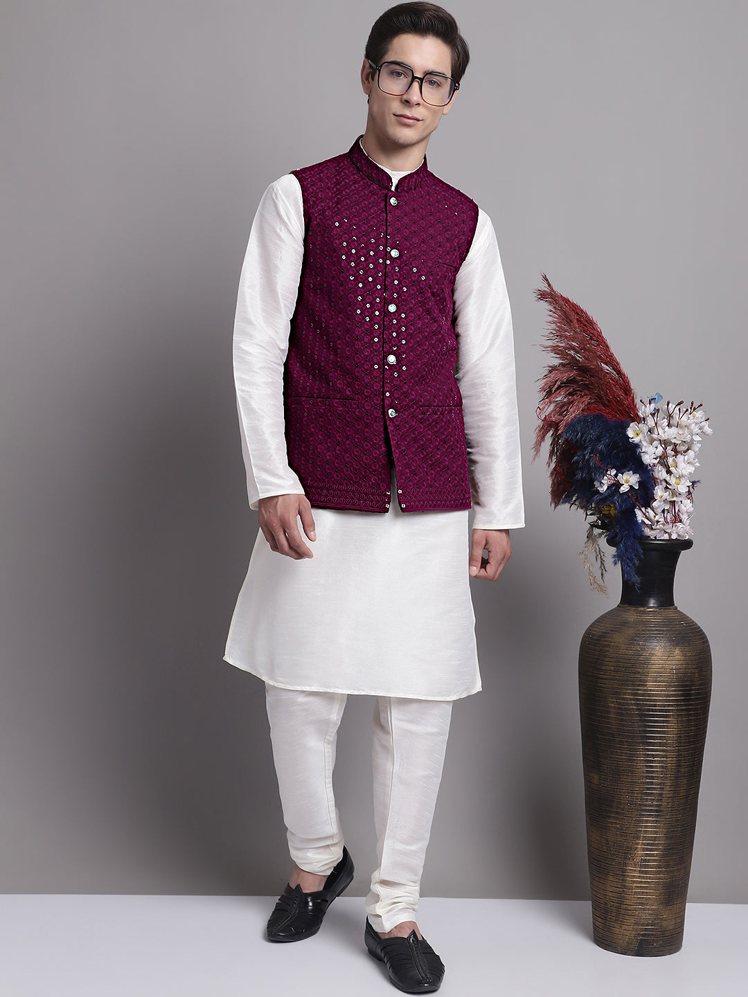 Jompers Men's Purple Sequins and Embroidred Nehru Jacket With Solid Kurta Pyjama - Distacart
