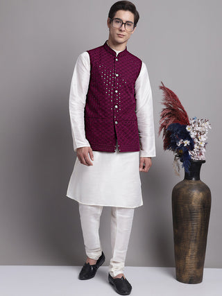 Jompers Men's Purple Sequins and Embroidred Nehru Jacket With Solid Kurta Pyjama - Distacart