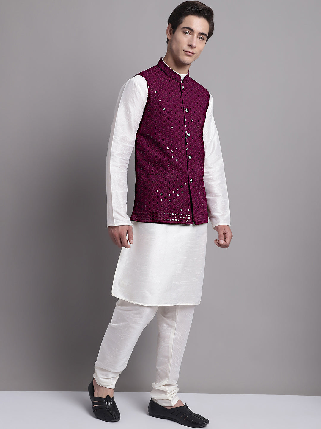 Jompers Men's Purple Sequins and Embroidred Nehru Jacket With Solid Kurta Pyjama - Distacart