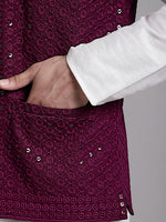Thumbnail for Jompers Men's Purple Sequins and Embroidred Nehru Jacket With Solid Kurta Pyjama - Distacart