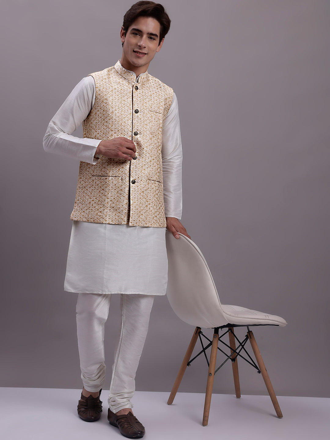 Jompers Men's Cream Woven Design Nehru Jacket With Solid Kurta Pyjama - Distacart