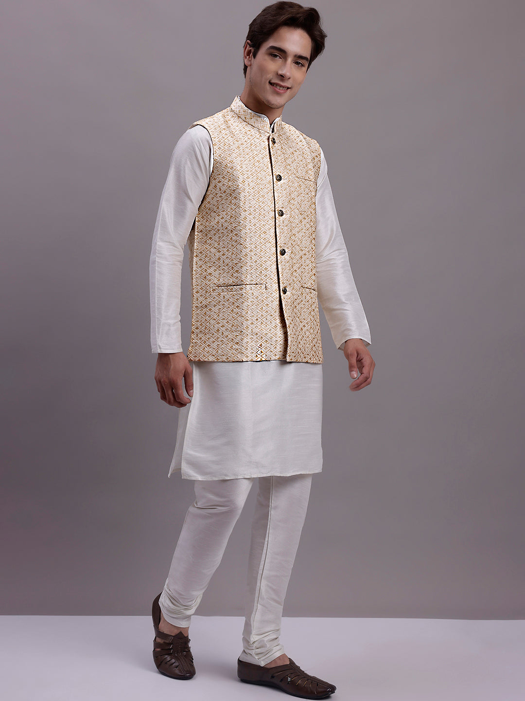 Jompers Men's Cream Woven Design Nehru Jacket With Solid Kurta Pyjama - Distacart