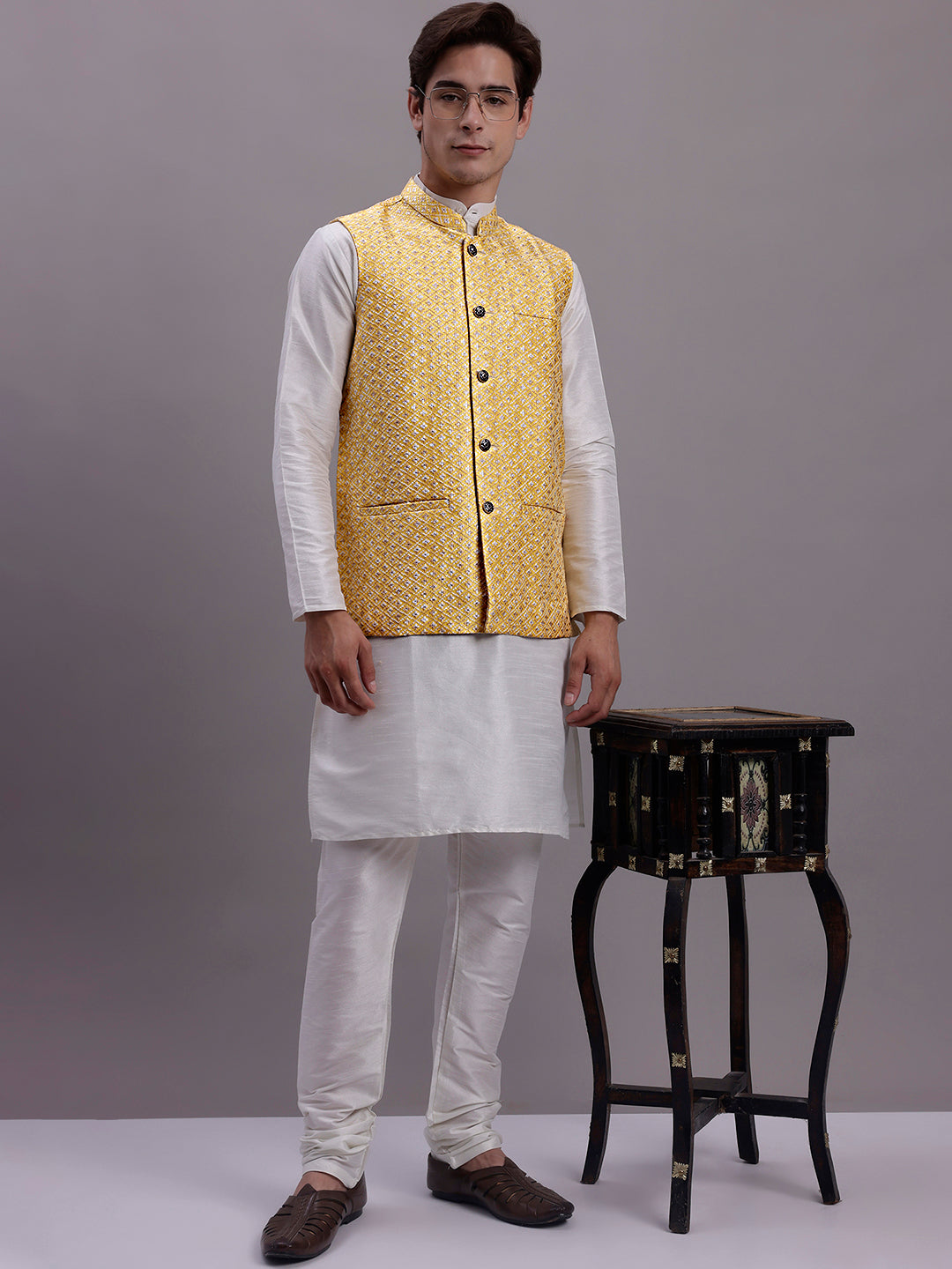 Jompers Men's Golden Woven Design Nehru Jacket With Solid Kurta Pyjama - Distacart