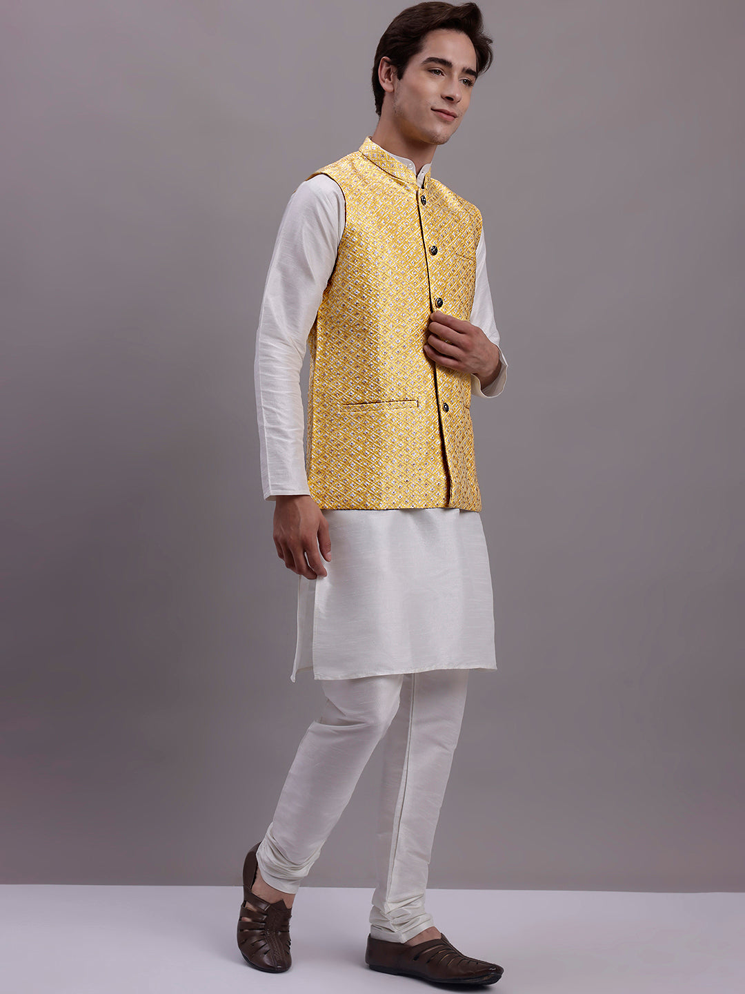 Jompers Men's Golden Woven Design Nehru Jacket With Solid Kurta Pyjama - Distacart
