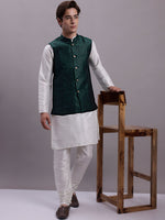 Thumbnail for Jompers Men's Olive Green Woven Design Nehru Jacket With Solid Kurta Pyjama - Distacart