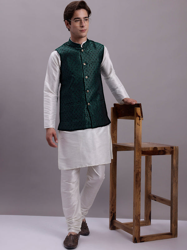 Jompers Men's Olive Green Woven Design Nehru Jacket With Solid Kurta Pyjama - Distacart