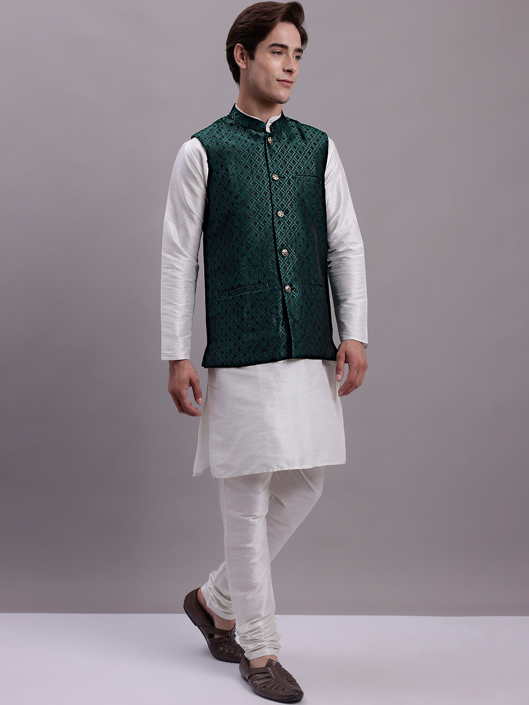 Jompers Men's Olive Green Woven Design Nehru Jacket With Solid Kurta Pyjama - Distacart