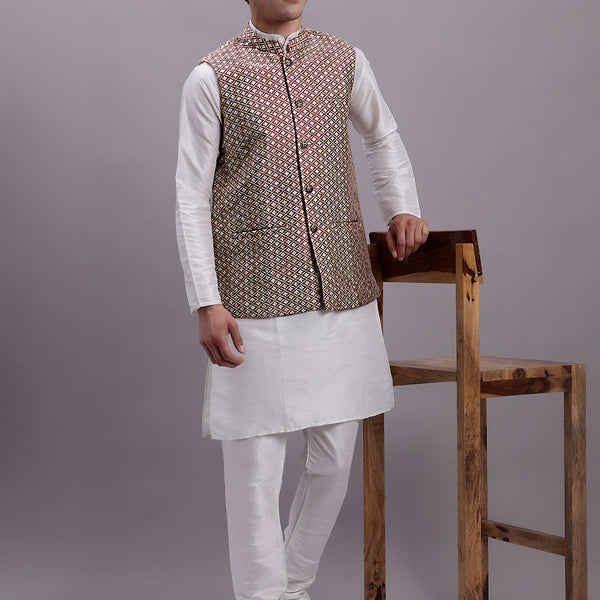 Jompers Men's Peach Woven Design Nehru Jacket With Solid Kurta Pyjama - Distacart