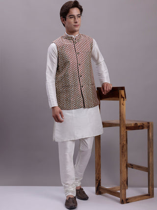 Jompers Men's Peach Woven Design Nehru Jacket With Solid Kurta Pyjama - Distacart