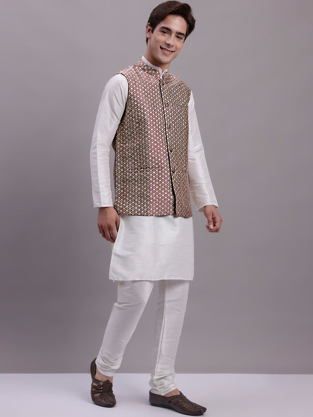Jompers Men's Peach Woven Design Nehru Jacket With Solid Kurta Pyjama - Distacart