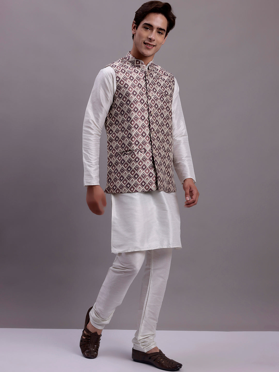 Jompers Men's Purple Woven Design Nehru Jacket With Solid Kurta Pyjama - Distacart