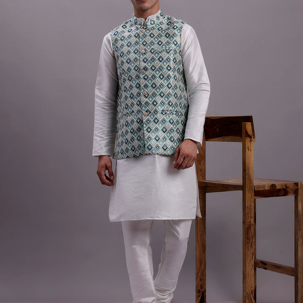 Jompers Men's Turquoise Blue Woven Design Nehru Jacket With Solid Kurta Pyjama - Distacart