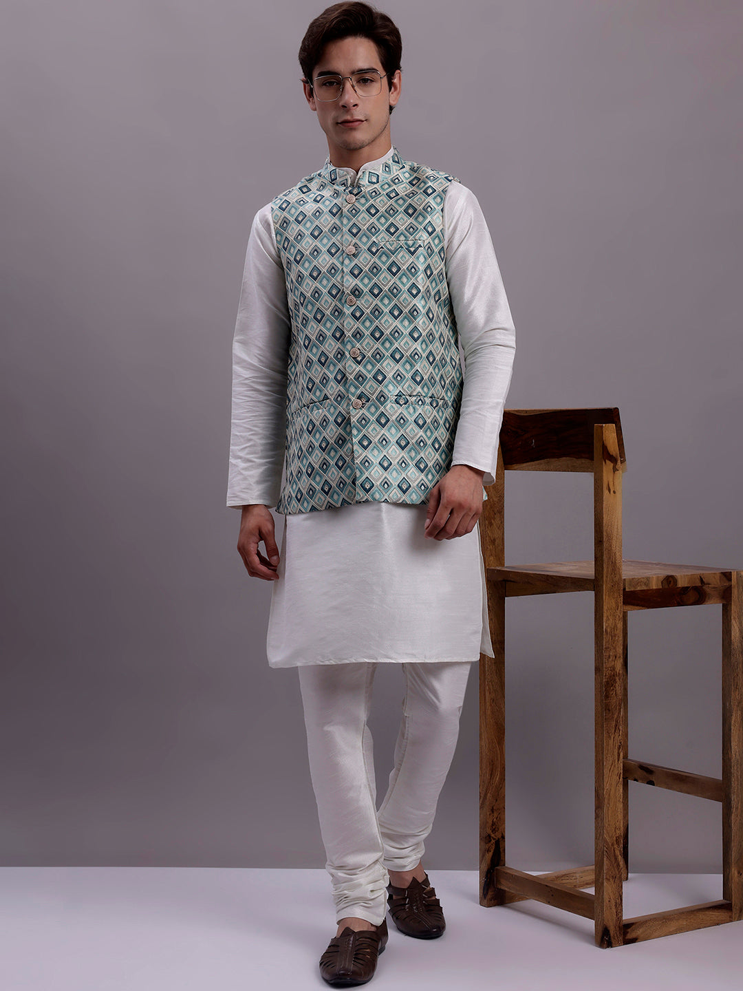 Jompers Men's Turquoise Blue Woven Design Nehru Jacket With Solid Kurta Pyjama - Distacart