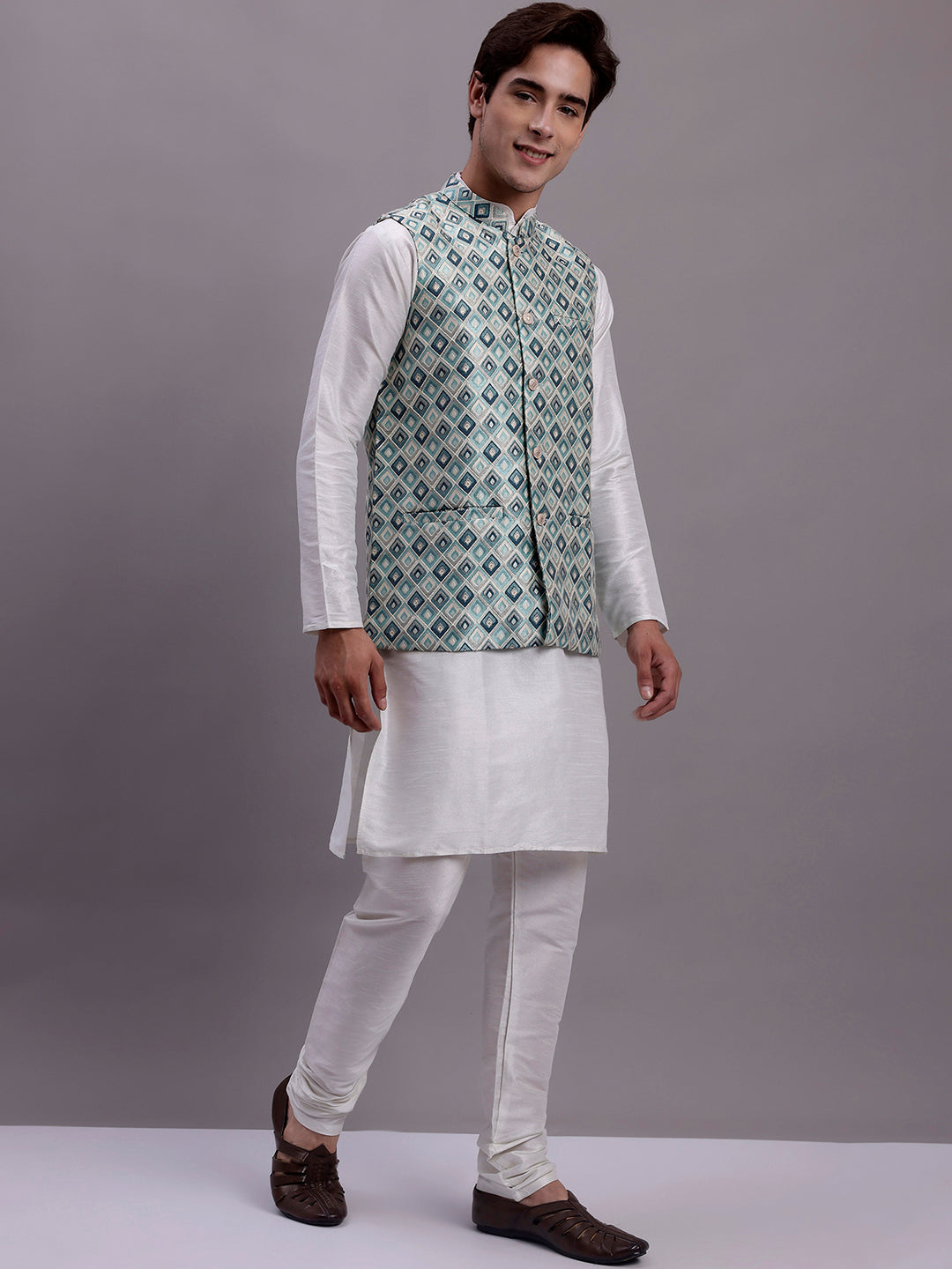Jompers Men's Turquoise Blue Woven Design Nehru Jacket With Solid Kurta Pyjama - Distacart