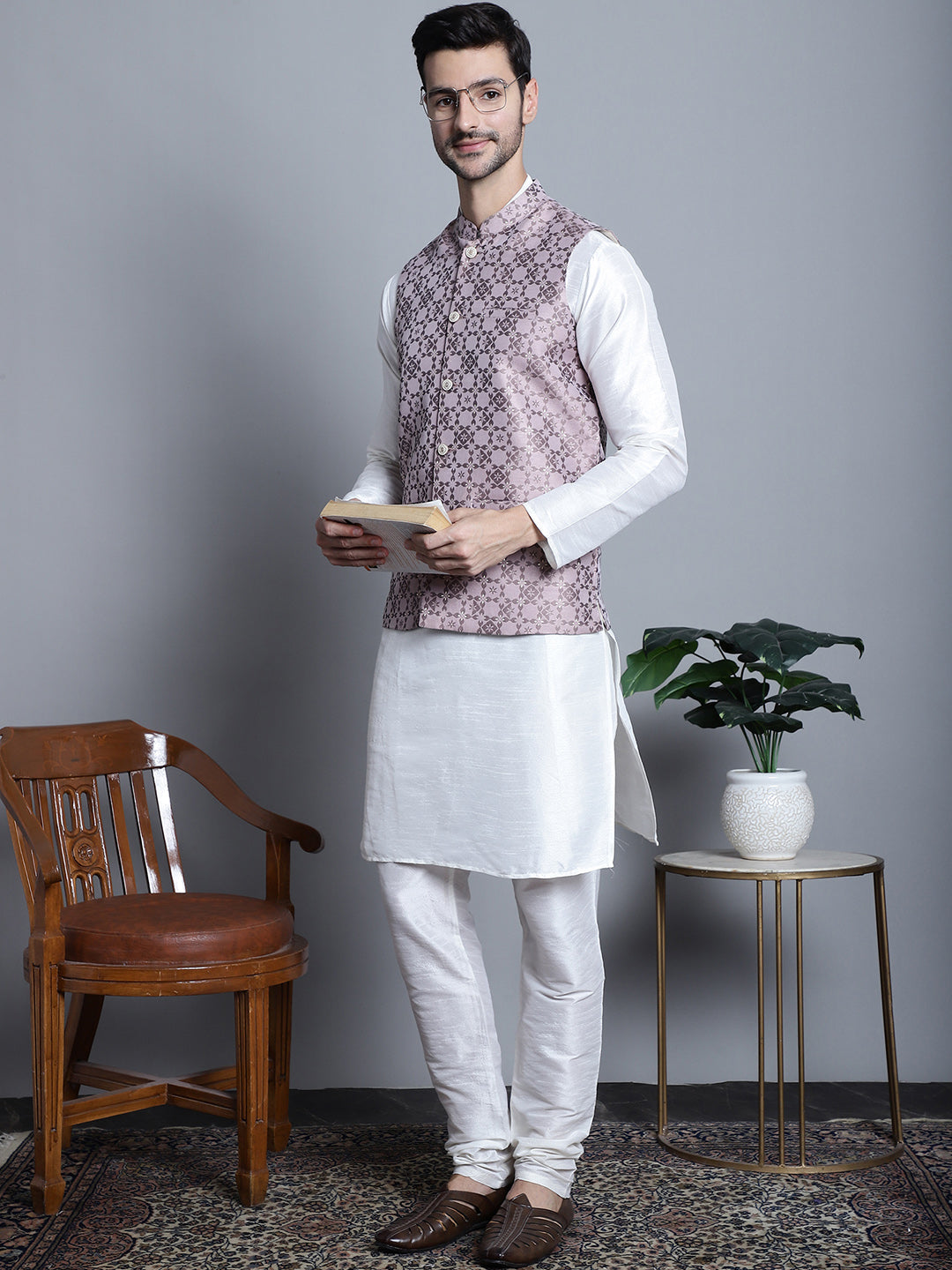 Jompers Men's Woven Design Nehru Jacket With Kurta Pyjama Set - Magenta - Distacart