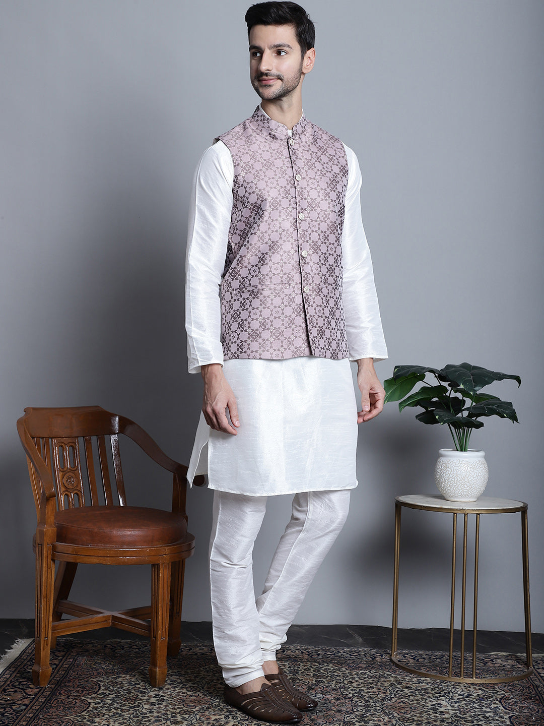 Jompers Men's Woven Design Nehru Jacket With Kurta Pyjama Set - Magenta - Distacart