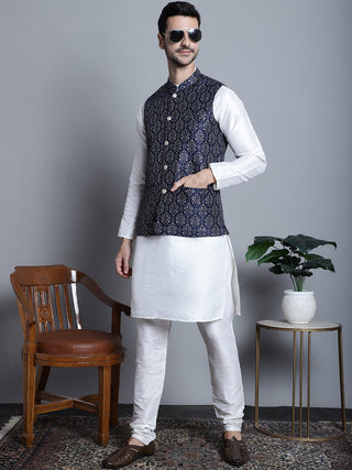 Jompers Men's Printed Nehru Jacket With Kurta Pyjama Set - Navy Blue - Distacart